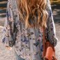 Sky Blue Floral Print Lace Patchwork Knot Front V Neck Blouse