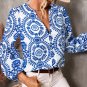 Sky Blue Vintage Geometric Printed Puff Sleeve Slit V Neck Shirt