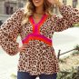 Khaki Cheetah Color Block V Neck Balloon Sleeve Babydoll Blouse