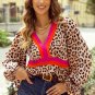 Khaki Cheetah Color Block V Neck Balloon Sleeve Babydoll Blouse