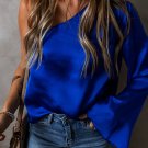 Dark Blue Asymmetric One Shoulder Bell Sleeve Satin Blouse
