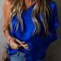 Dark Blue Asymmetric One Shoulder Bell Sleeve Satin Blouse