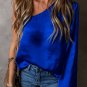 Dark Blue Asymmetric One Shoulder Bell Sleeve Satin Blouse