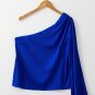 Dark Blue Asymmetric One Shoulder Bell Sleeve Satin Blouse