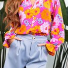 Rose Floral Print Flounce Sleeve Notched Neck Blouse