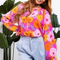 Rose Floral Print Flounce Sleeve Notched Neck Blouse