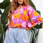 Rose Floral Print Flounce Sleeve Notched Neck Blouse