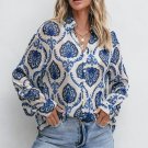 Blue Tribal Pattern Buttoned Front Loose Shirt