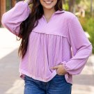 Phalaenopsis Corded Turn-down V Neck Bubble Sleeve Babydoll Blouse
