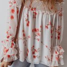 White Floral Print Shirred Off Shoulder Ruffled Sleeve Blouse