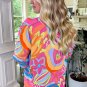 Pink Abstract Print Ruffled Sleeve Buttoned V Neck Blouse