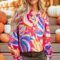 Pink Abstract Print Ruffled Sleeve Buttoned V Neck Blouse