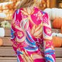 Pink Abstract Print Ruffled Sleeve Buttoned V Neck Blouse