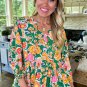 Green Floral Puff Sleeve V Neck Peplum Blouse