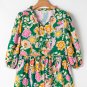 Green Floral Puff Sleeve V Neck Peplum Blouse
