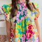 Multicolour Abstract Print Pleated Flutter Sleeve Blouse