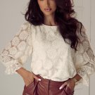 Oatmeal Flower Jacquard Button Back Ruffled 3/4 Sleeve Blouse