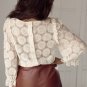 Oatmeal Flower Jacquard Button Back Ruffled 3/4 Sleeve Blouse