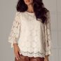 Oatmeal Flower Jacquard Button Back Ruffled 3/4 Sleeve Blouse