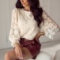 Oatmeal Flower Jacquard Button Back Ruffled 3/4 Sleeve Blouse