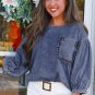 Sky Blue 3/4 Sleeve Ruffled Patched Pocket Denim Blouse