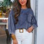 Sky Blue 3/4 Sleeve Ruffled Patched Pocket Denim Blouse