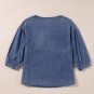 Sky Blue 3/4 Sleeve Ruffled Patched Pocket Denim Blouse