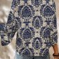 Blue Vintage Flower Tree Quarter Sleeve V Neck Blouse
