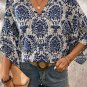 Blue Vintage Flower Tree Quarter Sleeve V Neck Blouse