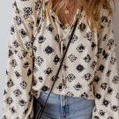 White Printed Split Neck Bubble Sleeve Loose Blouse