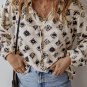 White Printed Split Neck Bubble Sleeve Loose Blouse
