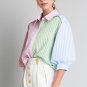 Pink Stripe Color Block Balloon Sleeve Buttoned Loose Fit Shirt
