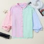 Pink Stripe Color Block Balloon Sleeve Buttoned Loose Fit Shirt