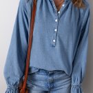 Sky Blue Frilled Raw Hem Half Buttoned Denim Top