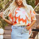 Yellow Ribbed Floral Printed Shirred 3/4 Sleeve Blouse
