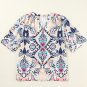 White Abstract Printed Notched V Neck Split Half Sleeve Blouse