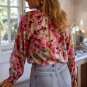 Red Floral Print Ruffled Stitch Buttoned Loose Fit Shirt
