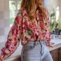 Red Floral Print Ruffled Stitch Buttoned Loose Fit Shirt