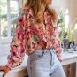 Red Floral Print Ruffled Stitch Buttoned Loose Fit Shirt