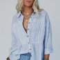 Sky Blue Stripe Ruffled Button up Long Sleeve Shirt