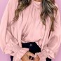 Apricot Pink Pleated Round Neck Flounce Sleeve Satin Blouse