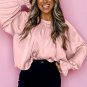 Apricot Pink Pleated Round Neck Flounce Sleeve Satin Blouse