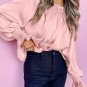 Apricot Pink Pleated Round Neck Flounce Sleeve Satin Blouse
