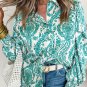 Green Paisley Print Smocked Cuff Buttoned Loose Shirt