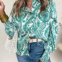 Green Paisley Print Smocked Cuff Buttoned Loose Shirt