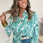 Green Paisley Print Smocked Cuff Buttoned Loose Shirt
