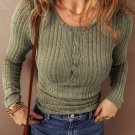 Jungle Green Ribbed Knit Half Button Slim Fit Blouse