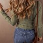 Jungle Green Ribbed Knit Half Button Slim Fit Blouse
