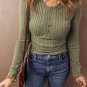 Jungle Green Ribbed Knit Half Button Slim Fit Blouse
