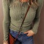 Jungle Green Ribbed Knit Half Button Slim Fit Blouse
